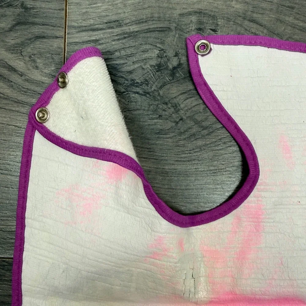 Vintage 1993 Barney the Dinosaur Baby Bib White Purple Waterproof Snap Lyons 90s
